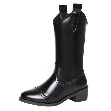 

Colisha Ladies Comfort Low Heel Mid Calf Boots Office Non Slip Pull On Shoes Dress Pointed Toe Western Cowgirl Boot Black 4.5