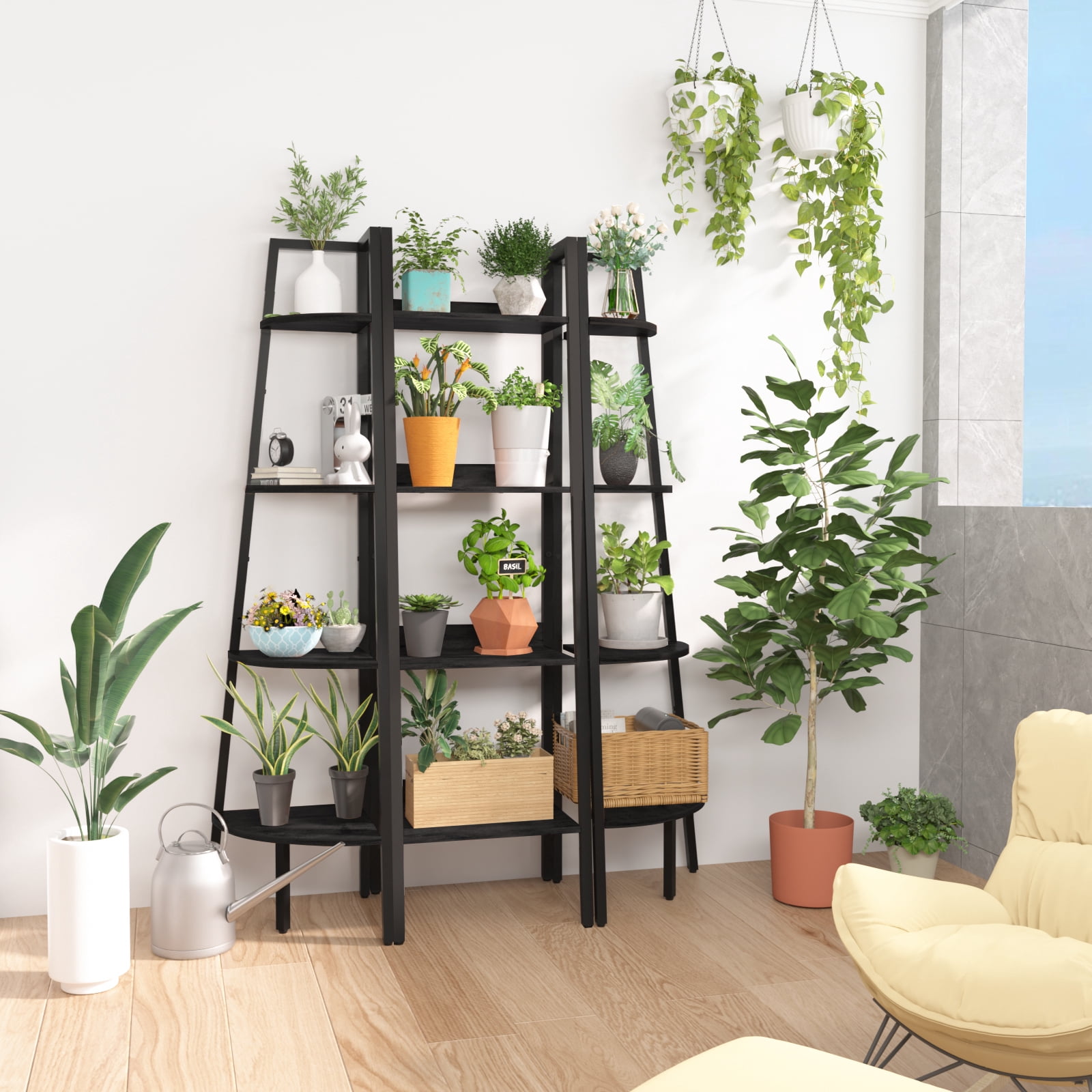 4-Tier Ladder Shelf,  Corner Bookshelf for Living Room, Balcony, Home Office, Bookcase Storage & Display Shelf, Black