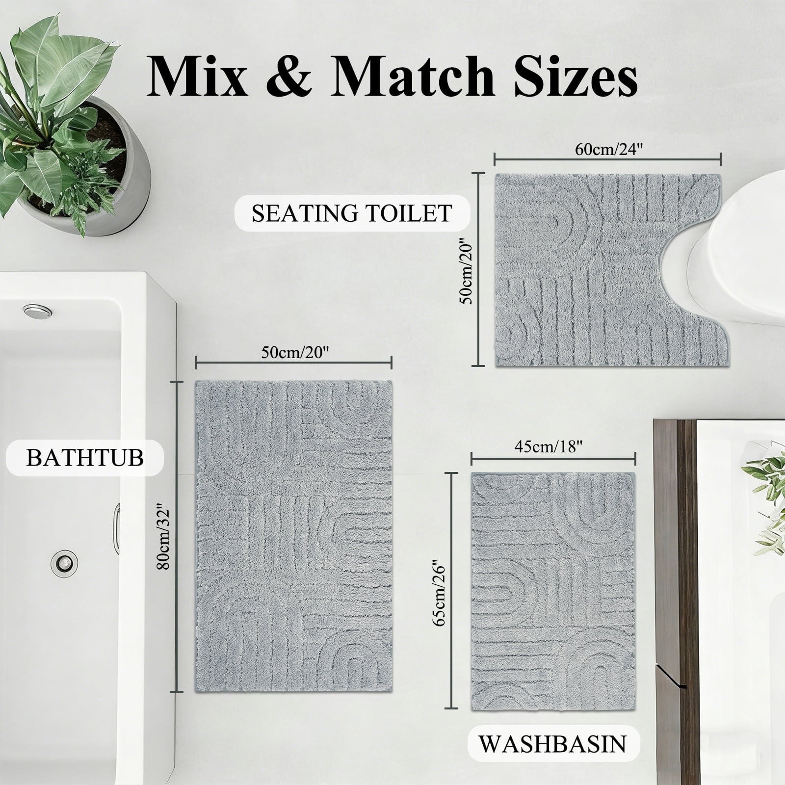 Aonewoe Bath Mat Sets 3 Piece Microfiber Bathroom Mat Sets Water Absorbent Washable Non Slip Bath and Toilet Rug Set for Bathrooms Decor（Gray）