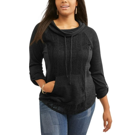 Juniors' Plus Lace Overlay Cowl Neck Pullover