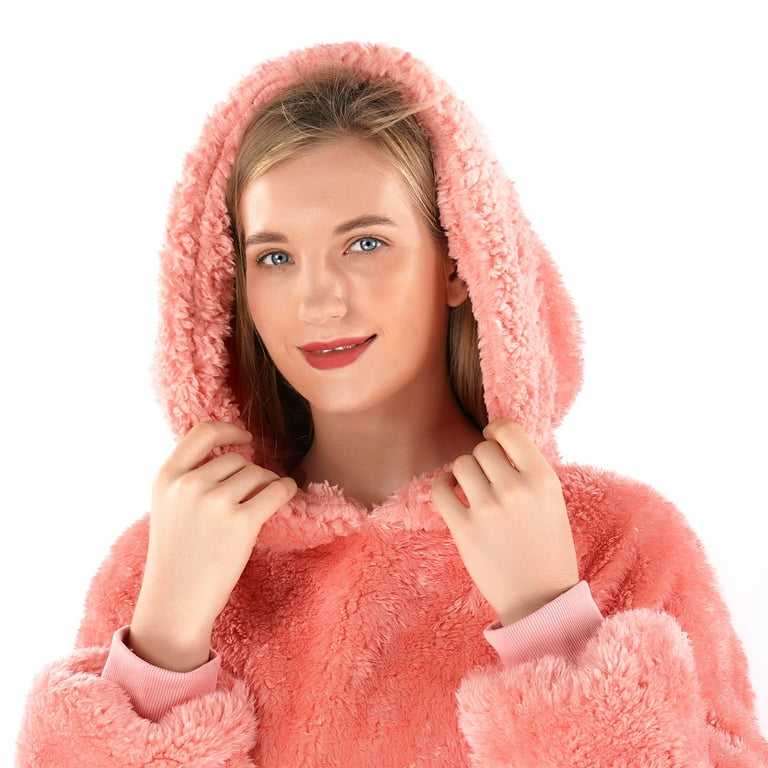 Winthome Wearable Blanket Hoodie Oversized Big Hooded Blanket Soft Warm Sweatshirt Sherpa Fleece Pink with Pockets for Unisex 4.3 5.9ft