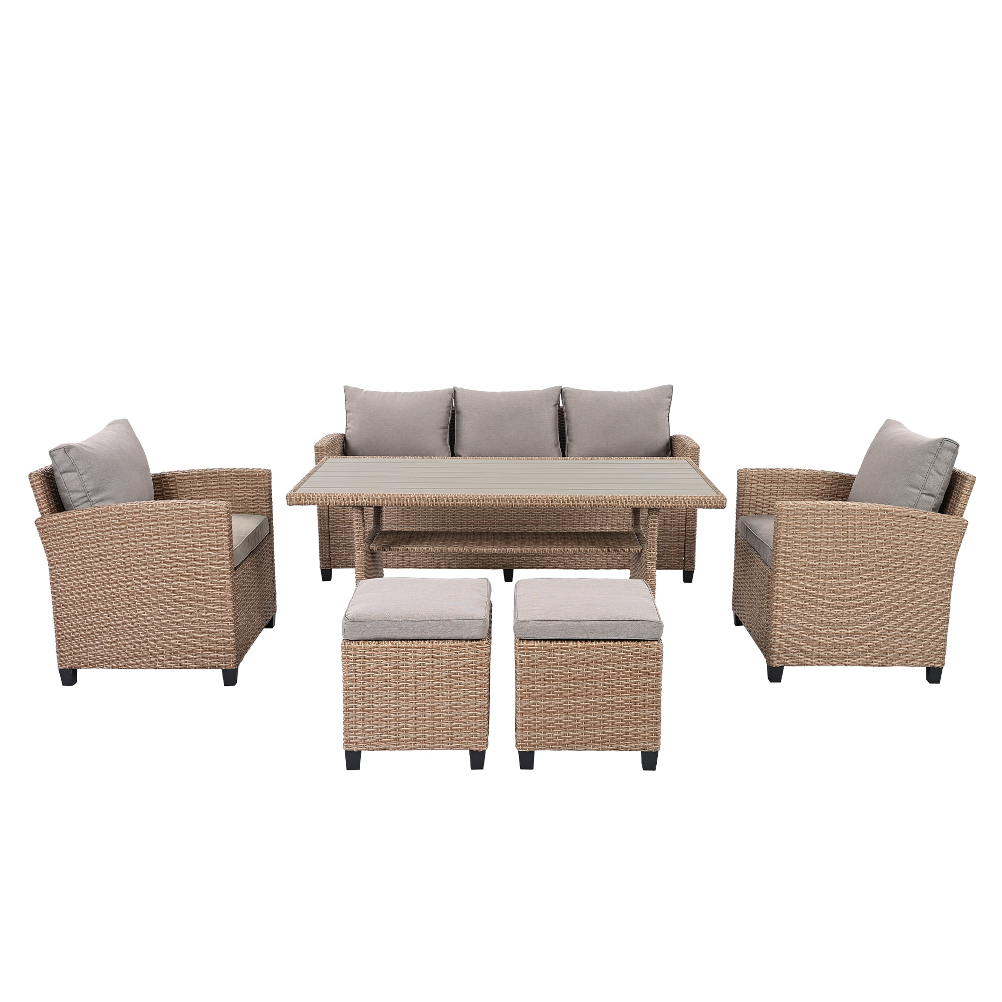 Harper & Bright Designs 6 Pieces Wicker Outdoor Patio Furniture Set with 3-Seater Sofa, 2 Armchairs, Coffee Table & Stools, All-Weather Rattan Conversation Lounge Set for Backyard Garden, Natural