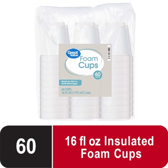 Great Value Insulated Foam Cups, 16 fl oz, White, 60 Count, 1 Pack