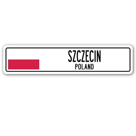 SZCZECIN, POLAND Street Sign Pole flag city country road wall