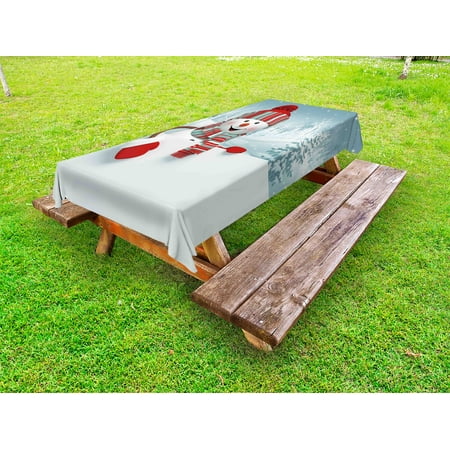 

Snowman Outdoor Tablecloth Smiling 3D Style Mascot with Hat and Scarf Snowy Mountains Trees Seasonal Happy Decorative Washable Fabric Picnic Tablecloth 58 X 104 Inches Multicolor by Ambesonne