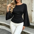 thumbnail image 5 of IUYRTFE Women's Striped Bell Sleeve Blouse Crew Neck Slim Fit Waisted Casual Fall Top, 5 of 7