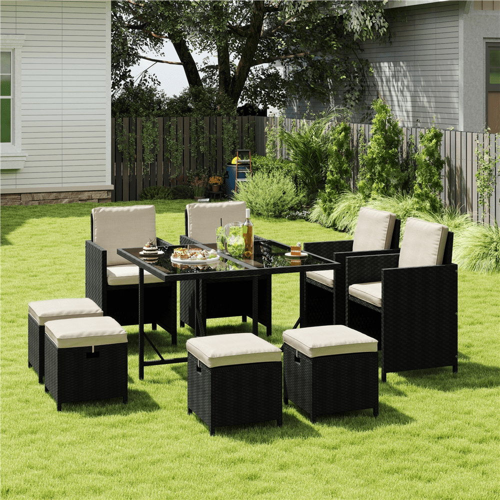 Renwick 9-Piece Patio Dining Set with Rattan Chairs, Table and Ottomans, Black/Beige