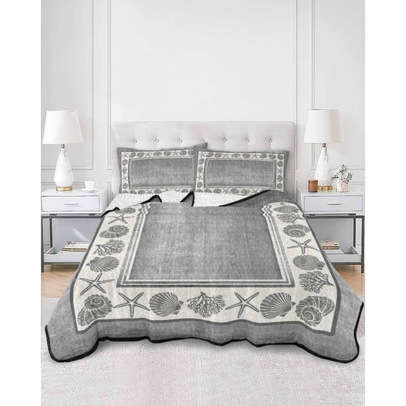 Quilts King Size, Grey Beach Coastal Soft Comforter Bedding Set for Bed, Summer Nautical Starfish Shell Coral Vintage Lightweight Quilted Bedspread with Pillow Cover(2 Pieces) All Season, 96x106 Inch