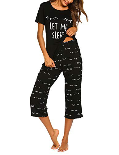 MAXMODA Womens Pajama Set Short Sleeve Top with Capri Pants Print Pjs Sets 