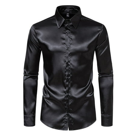 Mens T-shirts Mens Fashion Trend Solid Satin Long Sleeve Shirt Set Wear Large Long Sleeve Tight Shirt Men Casual Lightweight Tops Scrub Compression Sleeves Men s Tee Black 2XL