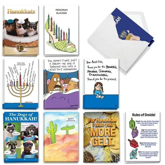 NobleWorks 20 Assorted set Funny Chanukah Greeting Cards w/5 x 7 Inch Envelopes (10 Designs, 2 Each) Jewish Holiday Cards Hanukkah Humor AC3435HKG-B2x10