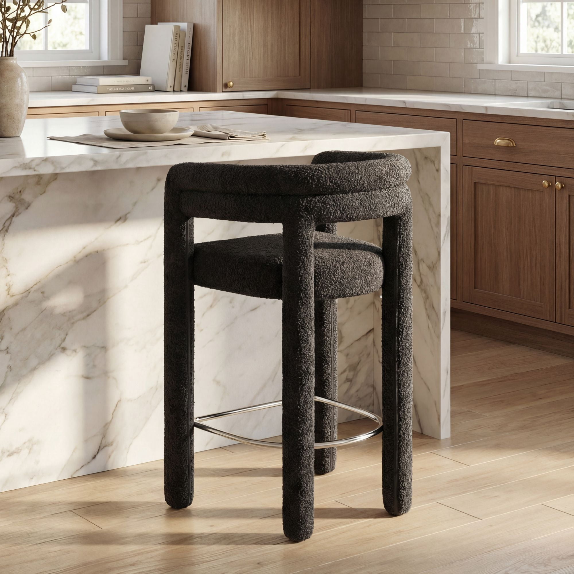 Dayalane 26" Counter Height Bar Stools Set of 1, Modern Sherpa Barrel Barstools with Back and Armrests, Stainless Steel Footrest for Kitchen Island, Black