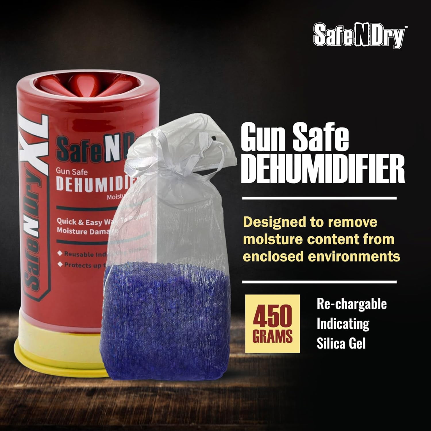 XL Gun Safe Dehumidifier - Portable Moisture Absorber, Prevents Corrosion, 450g Reusable Indiing Silica Gel Desiccant Canister for 60 Cubic Feet