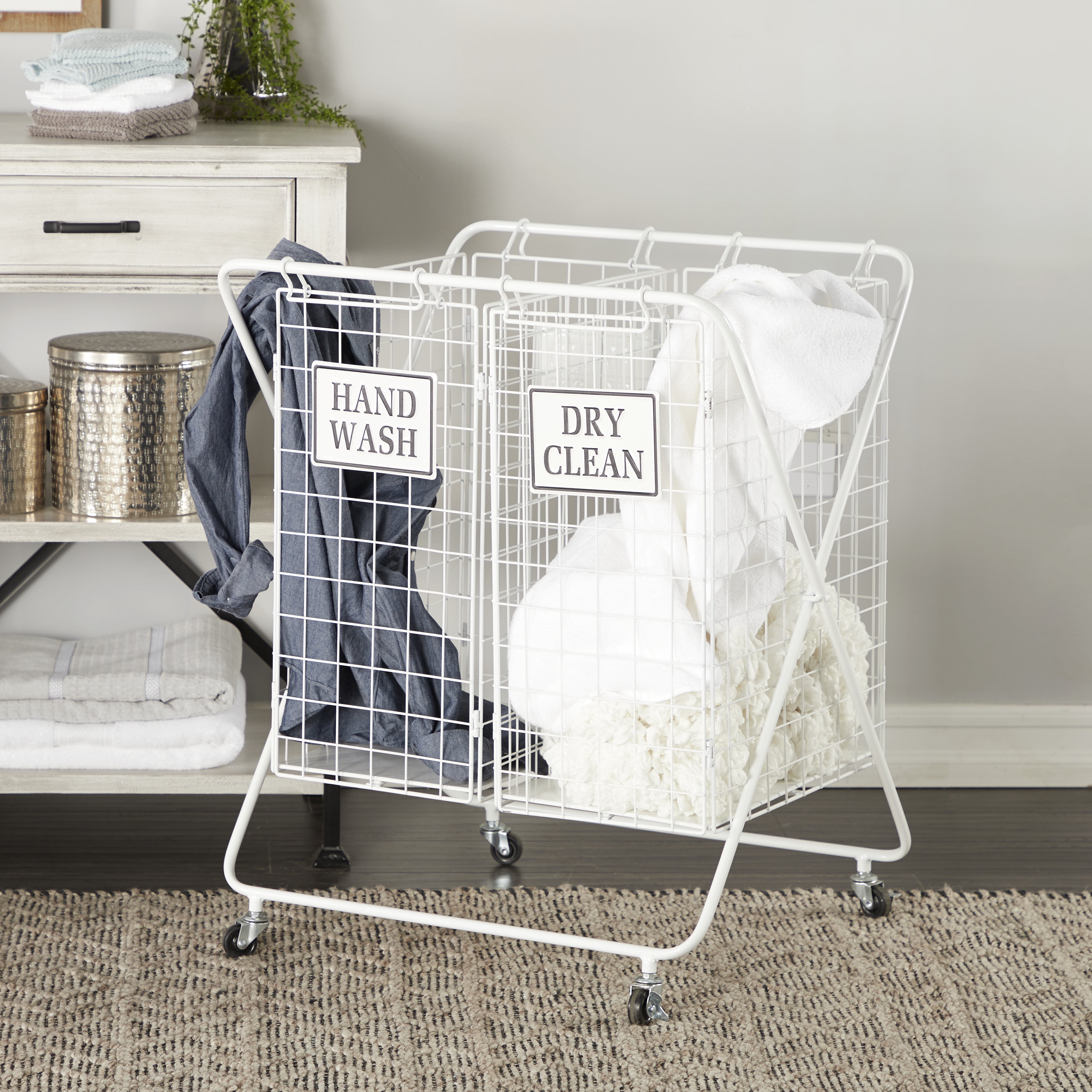 Decmode Large White Metal Double Laundry Basket with Wheels and