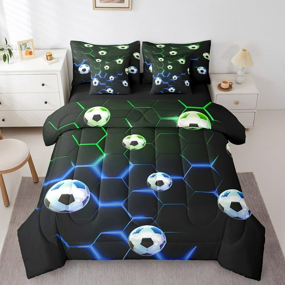 Erosebridal Soccer Football Bed in a Bag Twin Size, Sports Theme Bed Set, Gradient Honeycomb Bed Sheets Setp with Comforter, Black Blue Green Room Decoration, Reversible 7 Pieces