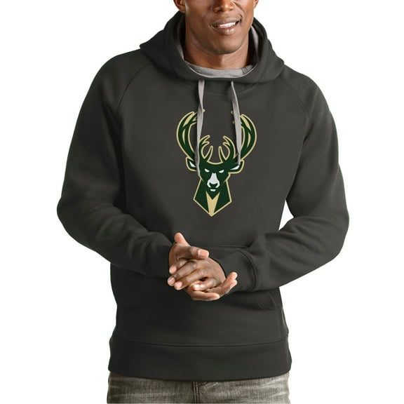 Men's Antigua Charcoal Milwaukee Bucks Team Logo Victory Pullover Hoodie