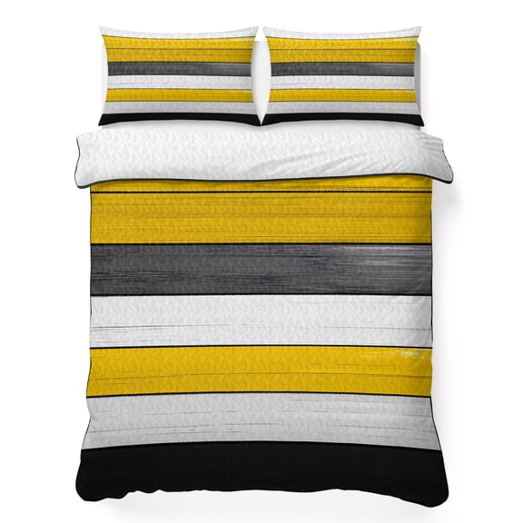 King Quilt Bedding Set, Gradient Yellow White Black Line 3 Piece Bedding Set Lightweight Breathable Quilt with 2 Pillow Shams, Farm Wood Grain Soft Microfiber Summer Comforter for Hot Sleepers
