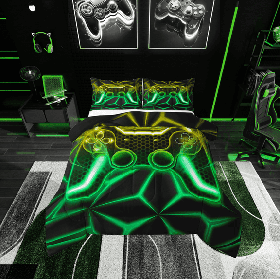 Erosebridal Gradient Gamepads Bedding Twin Comforter Set,Video Game Down Comforter,Geometric Plaid Bedding Sets Twin with Comforter,Microfiber Male Bedroom Decor,Reversible,2-Piece