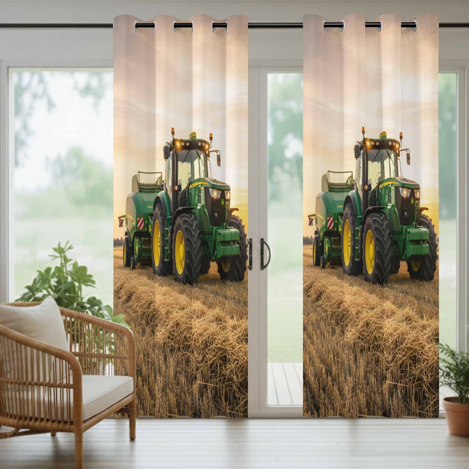 Farmhouse Outdoor Curtains 2 Panels Rustic Country Green Bulldozers Realistic Field Sunset Waterproof Weatherproof Privacy Curtain Thermal Outside Drape for Porch Patio 54 x 108 Inch