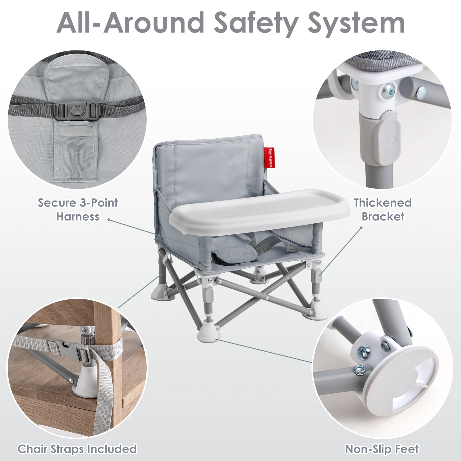 Tiny Marvels Portable Booster Seat, 3-in-1 Portable Baby High Chair with Tray, Safety Harness & Carry Bag, for Toddlers Ages 6M-3Y, Baby Chair for Travel, Camping & Home