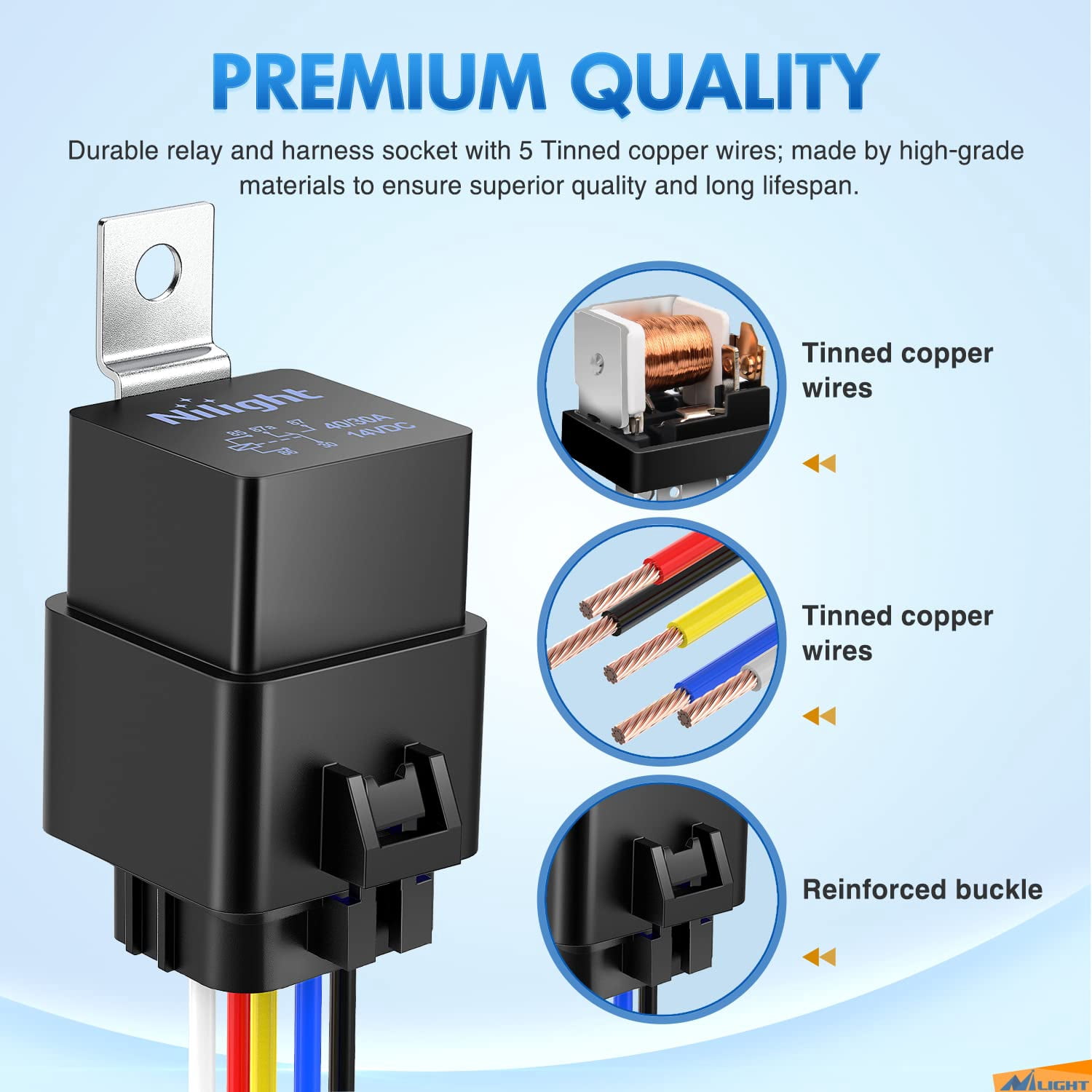 Nilight 5 Pcs Waterproof 40/30 A Heavy Duty 12 AWG Tinned Copper Wires 5 Pin SPDT 12V Automotive Relay and Harness Set