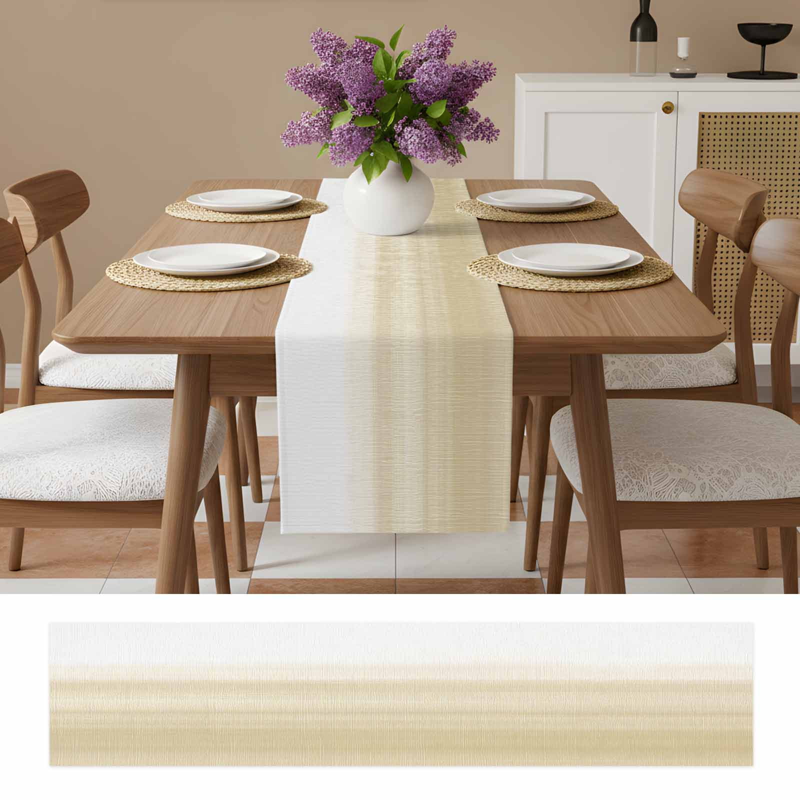 Beige White Stripes Table Runner, Farmhouse Modern Gradient Lines Washable Cotton Linen Table Runners 48 Inches Long, Dresser Scarf Runner for Nightstand/Coffee/End Tables 13''x48''