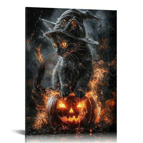 Vintage Halloween Black Cat and Pumpkin Canvas Wall Art Painting,Gothic Print Pictures for Home Wall Decor Horror Creepy Dark Posters for Living Room Home Halloween Party Decor Framed