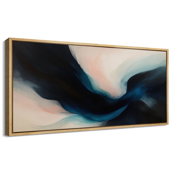 Large Framed Canvas Wall Art Nave Blue Pink Abstract Print for Modern Living Room Decoration - 60"x30" Natural Framed