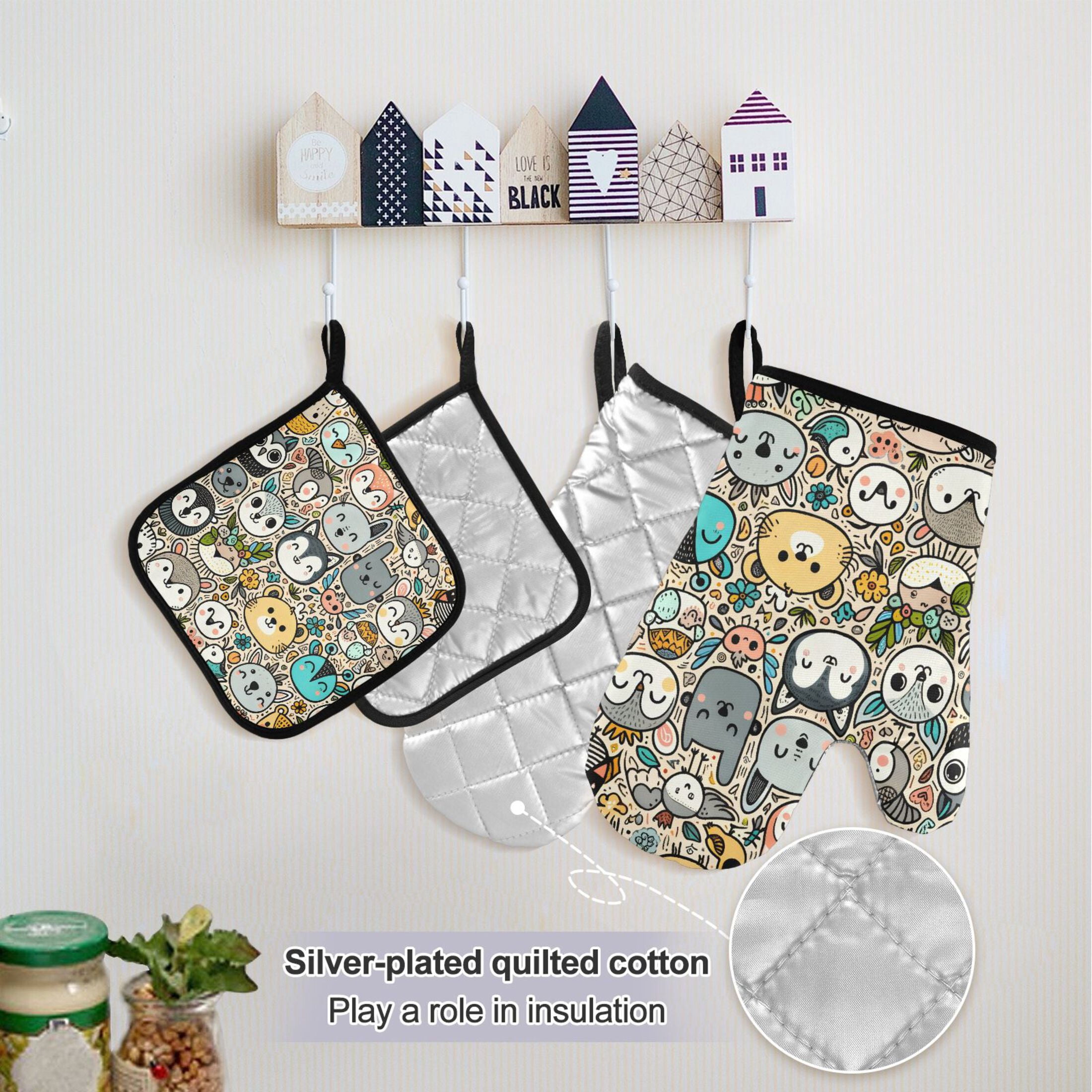 Cute Animal Faces 5 Pcs Kitchen Set Heat Resistant Oven Mitts and Non-Slip Pot Holders with Adjustable Cooking Apron