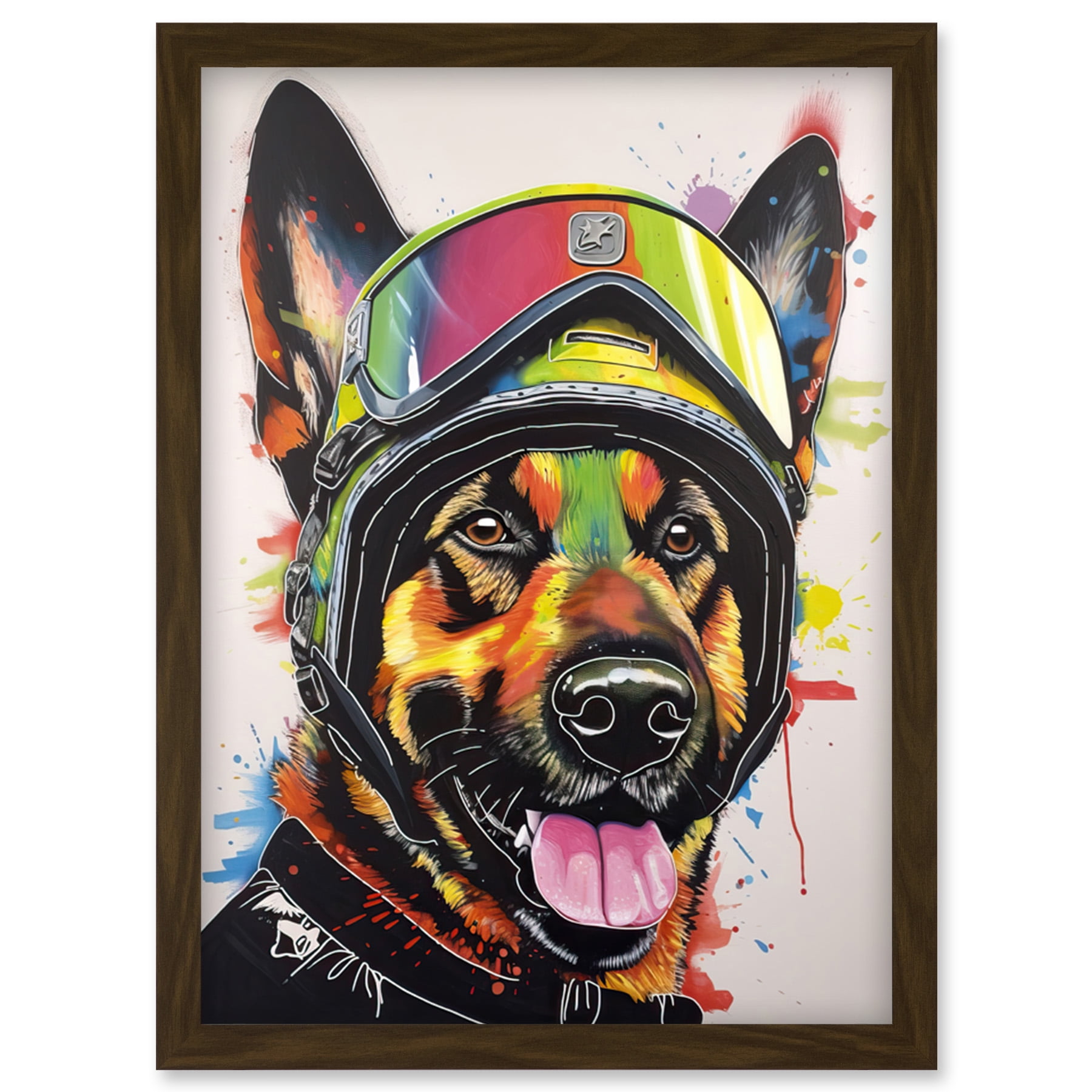 German Shepherd Dog Wearing Ski Helmet and Goggles Artwork Framed Wall Art Print A4