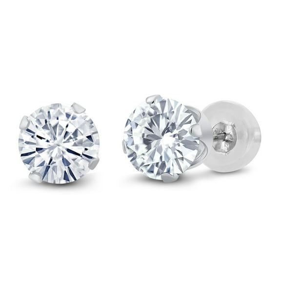 Gem Stone King 14K White Gold White Moissanite Stud Earrings for Women | 2.00 Cttw Round 6.5MM | Gold Earrings for Women