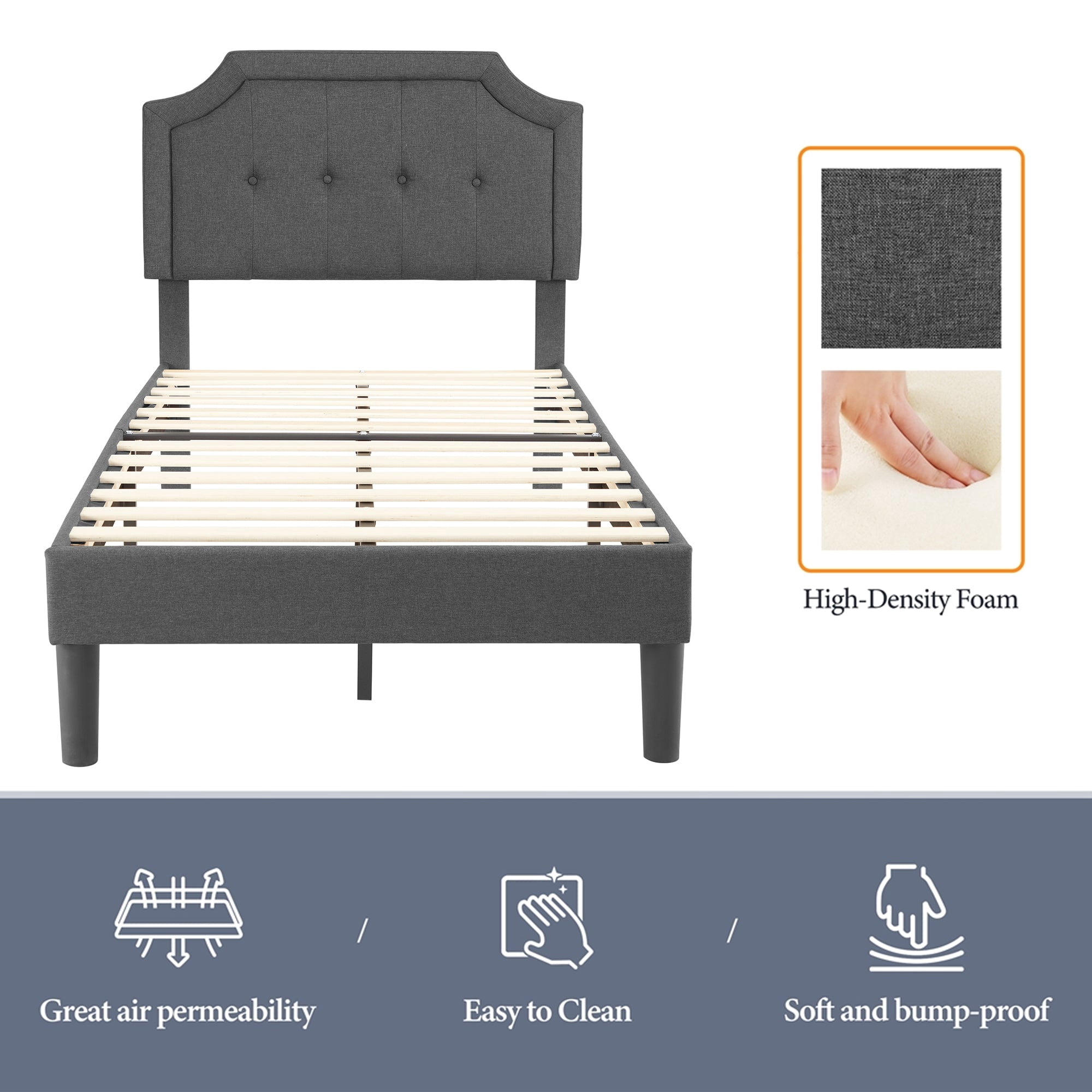 Javlergo Twin Size Bed Frame with Upholstered Adjustable Diamond Stitched Panel Headboard, Wood Slat Support/Easy Assembly, Gray