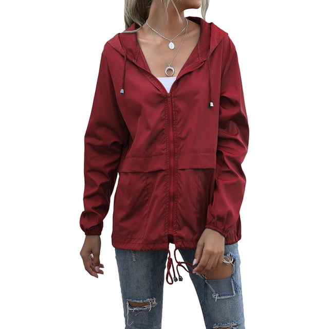 Sonducket Chubasquero ligero para mujer, impermeable, con capucha, cortavientos para exteriores, plegable, para senderismo, Camping, trajes para mujer Prendas para la parte del cuerpo Vino rojo L
