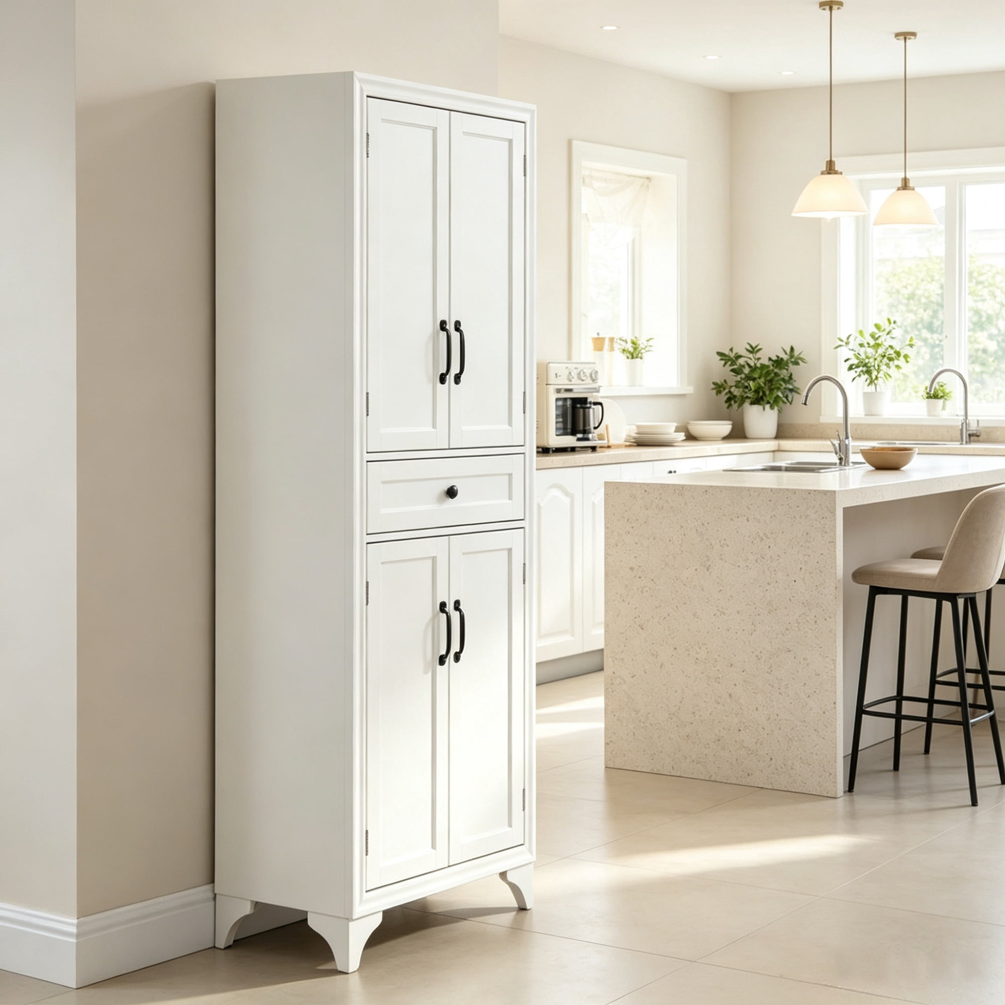 67" 4-Door Kitchen Pantry, with Drawer and Adjustable Shelves, Large-Capacity Storage Cabinet, White