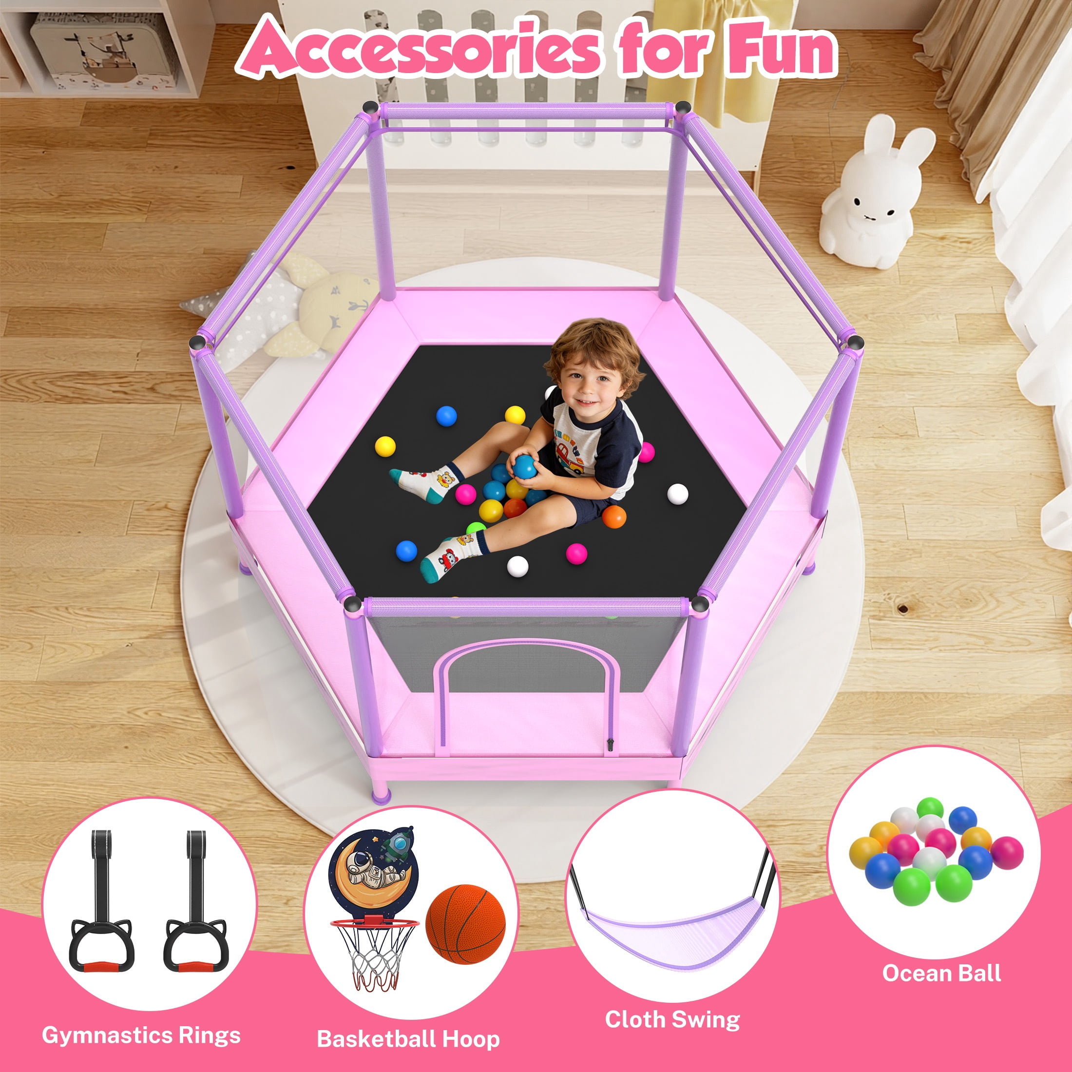 60" Mini Trampoline for Kids with Enclosure, Shinpt Indoor & Outdoor Toddler Trampoline, Upgrade Full Anti-Rust Tube with Adjustable Gymnastics Bars, Small Trampoline for Boys & Girls