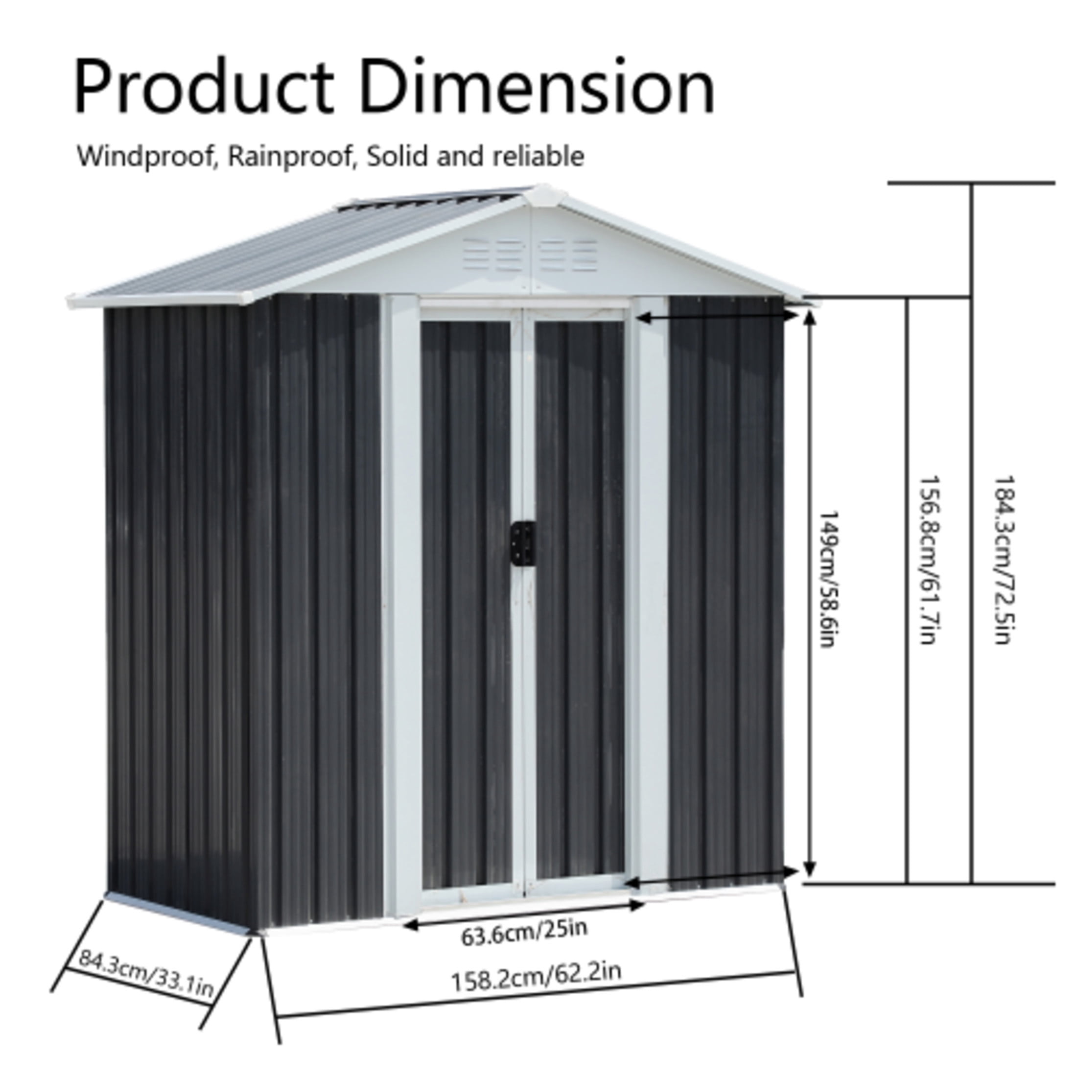 Noble House 5x3 FT Metal Garden Storage Shed, Apex Roof Outdoor Tool & Bike Shelter with Sliding Doors, Charcoal