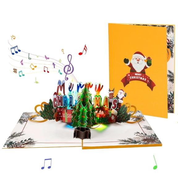 Christmas 3D Popup Musical Greeting Card with Lights Festival Holiday Surprise Card with Envelope Foldable Postcard