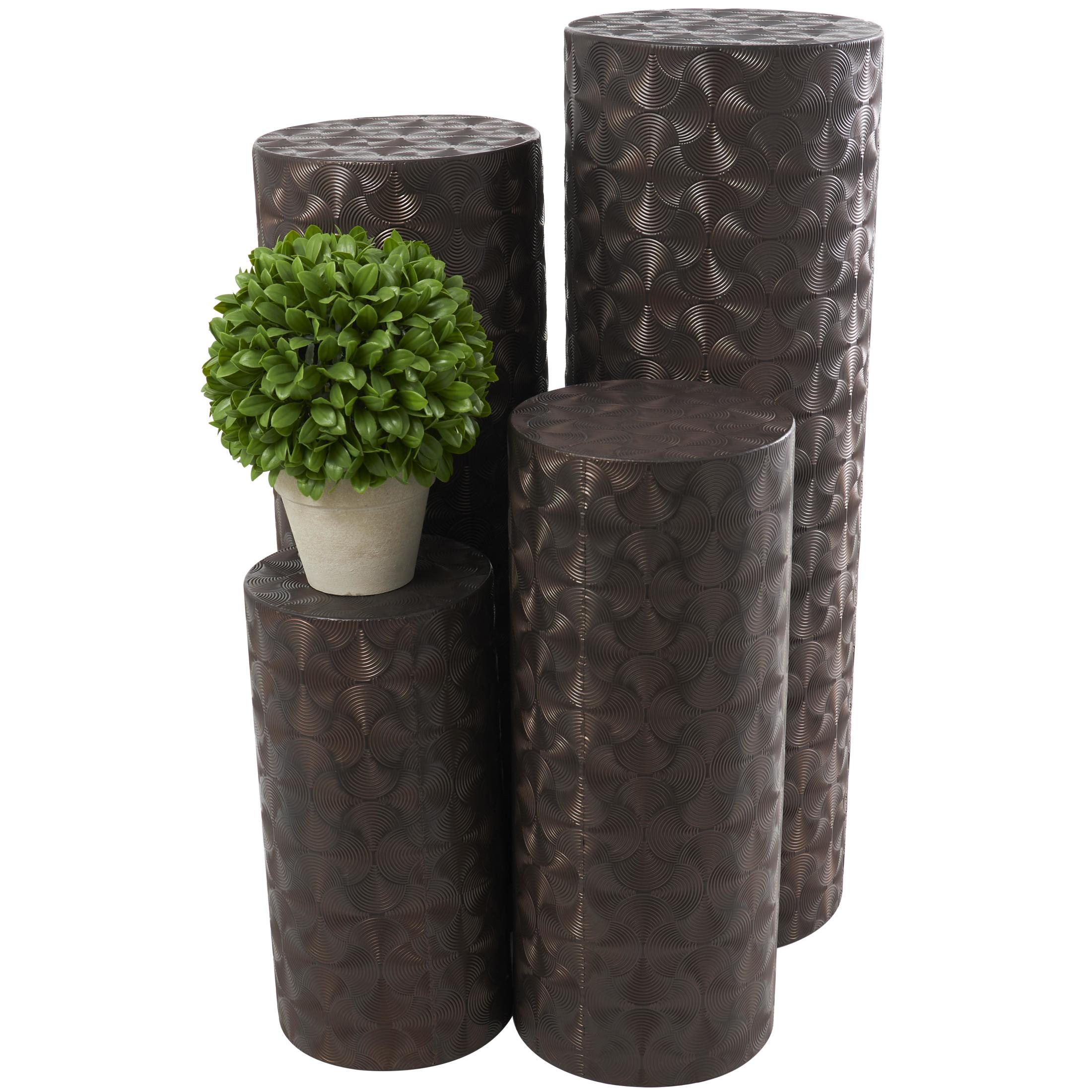 DecMode 36", 32", 24", 18"H Brown Metal Abstract Tall Slim Pedestal Table with Grooved Shell Design, 4-Pieces