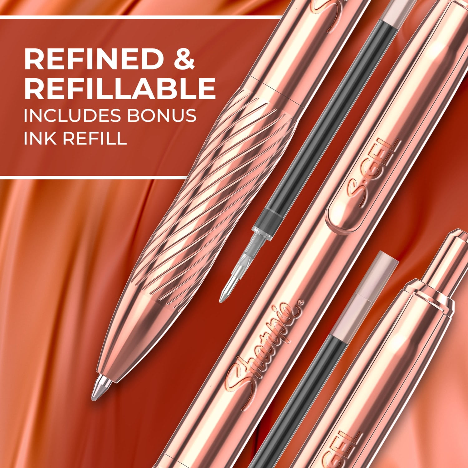 Sharpie S-Gel Pen, Copper Metal Body, Black Ink, Contains 1 Pen, 1 Additional Refill