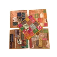 Mogul 5 Decorative Indian Throw Pillow Cases Cotton Peach, Orange Embroidered Patchwork Cushion Cover Home Décor 16x16
