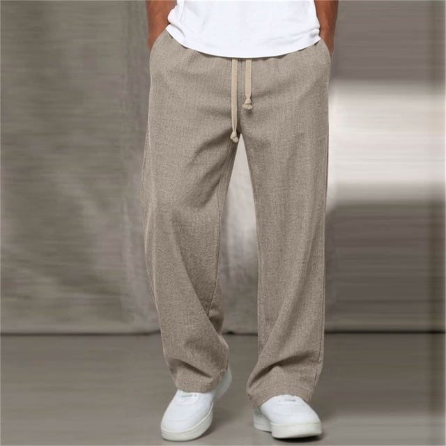 Mifsaly Summer Pants for Men Drawstring Casual Straight Leg Cotton Pants Textured Relaxed Fit Lightweight Breathable Travel Vacation Boho Clothes with Pockets