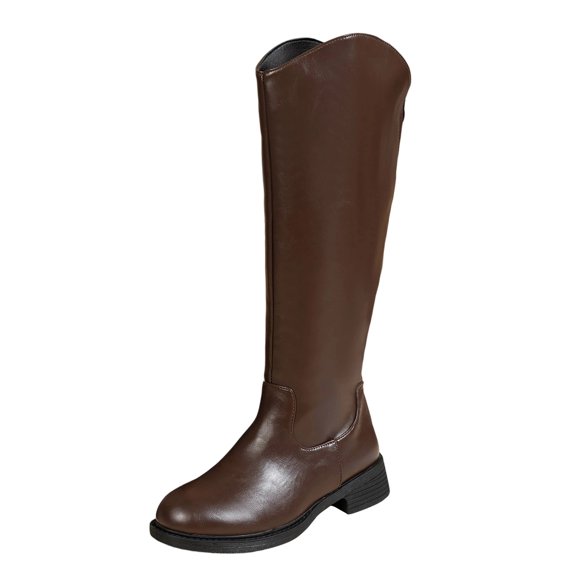 Xfvqtps Knee High Boots for Women Zipper Back Round Toe Block Low Heel Faux Leather Tall Boots