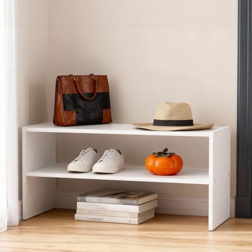 31 Inch Stackable White Shoe Rack, 2-Tier Wooden Storage Benches Organizer, Freestanding Entryway Bench for 6-9 Pairs Shoes, for Entryway, Office, Bathroom Use, White