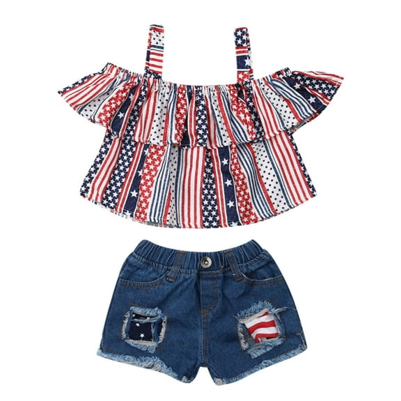 Canrulo Toddler Baby Girl 4th of July Outfits Halter Shirts Crop Top Denim Shorts Sets Multicolor 3-4 Years