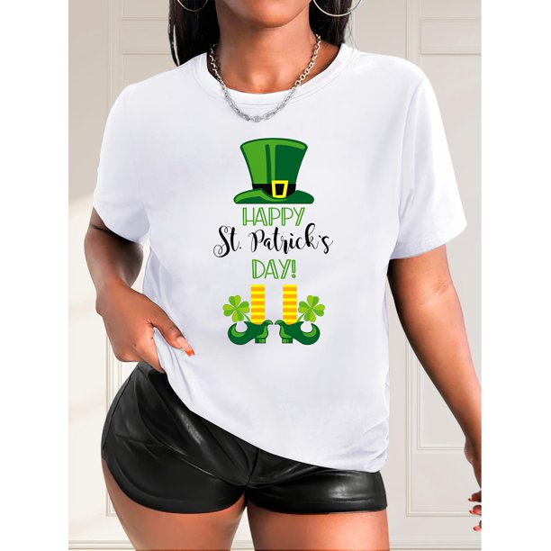St. Patrick's Day Women's Casual Fashion Tee - Clover & Letter Print, Round Neck Short Sleeve T-Shirt, Breathable Polyester, Machine Washable