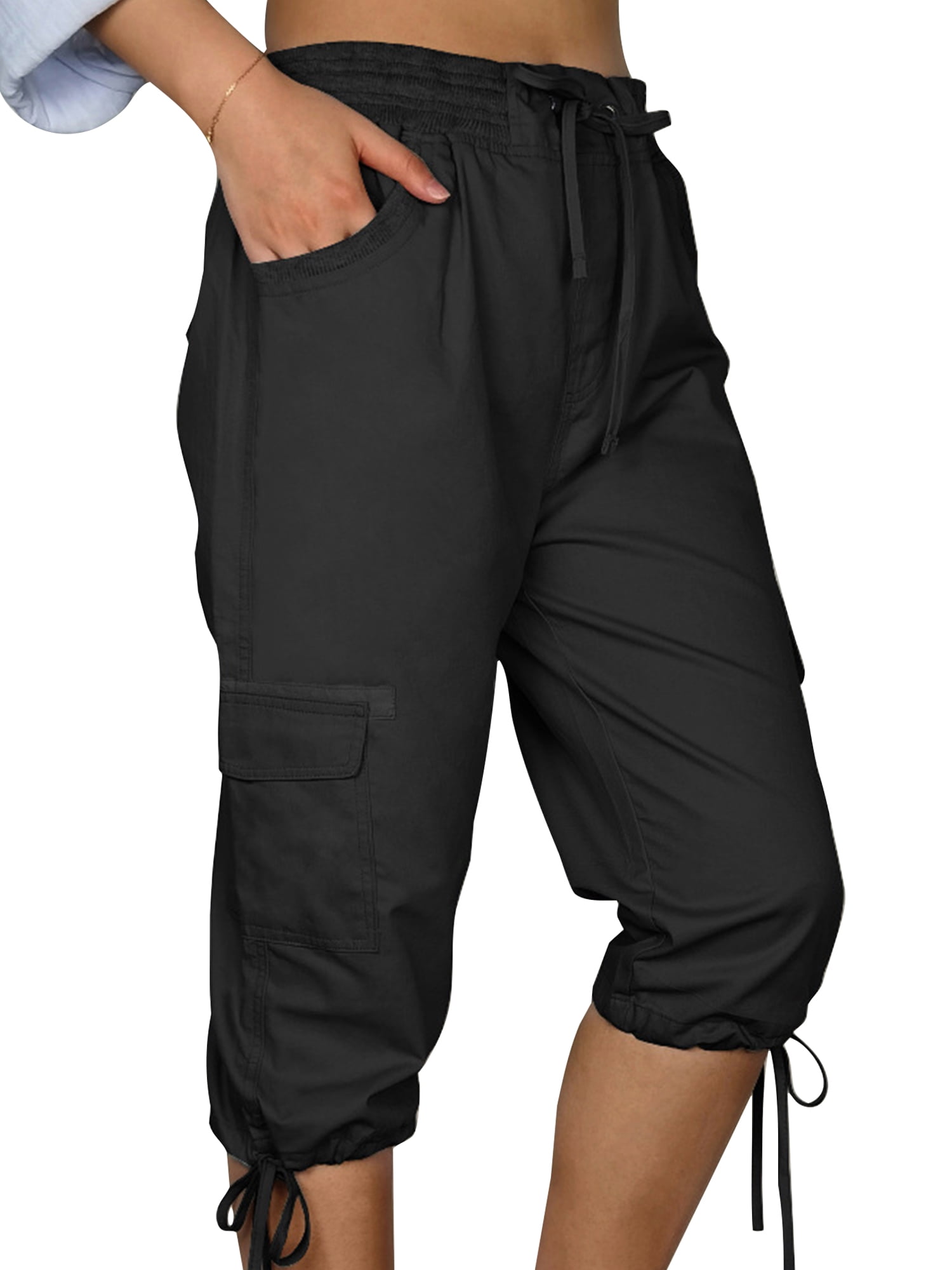 Drawstring Cargo Pocket Cuffed Capri Pants  Black