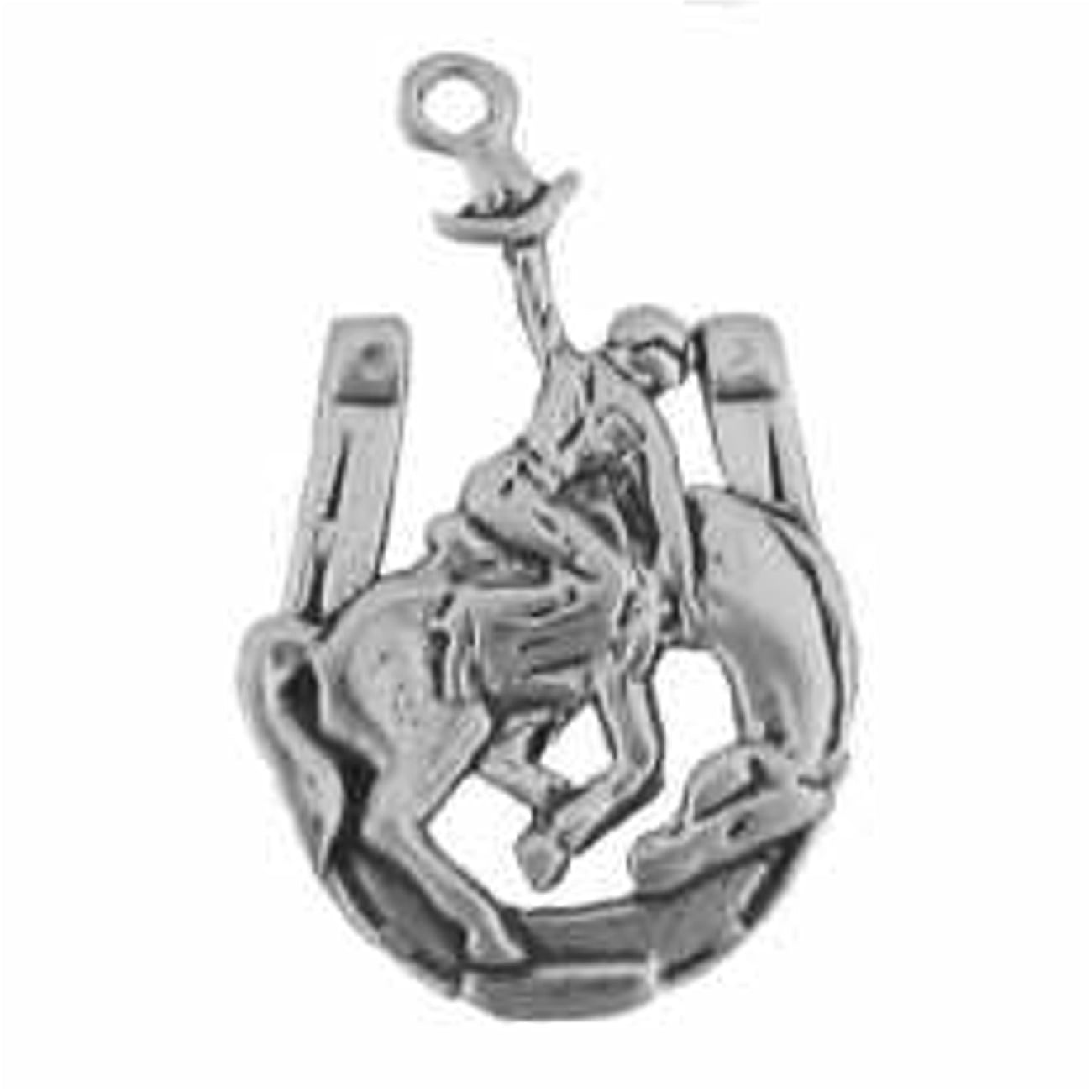 Sterling Silver Girls .8mm Box Chain Cowboy Riding Bucking Bronco Horse In Horseshoe Pendant Necklace