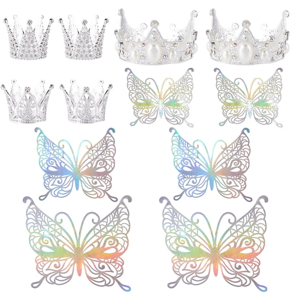 30Pcs Cake Topper Kit Birthday Decor Silver Alloy Rhinestone 3D Hollow Butterfly Small Mini Tiara with Stickers Toppers Sets for Wedding Birthday
