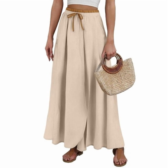Womens Linen Skirt Cotton Maxi Skirt Casual Flowy Swing Elastic High Waist A-Line Split Long with Pockets