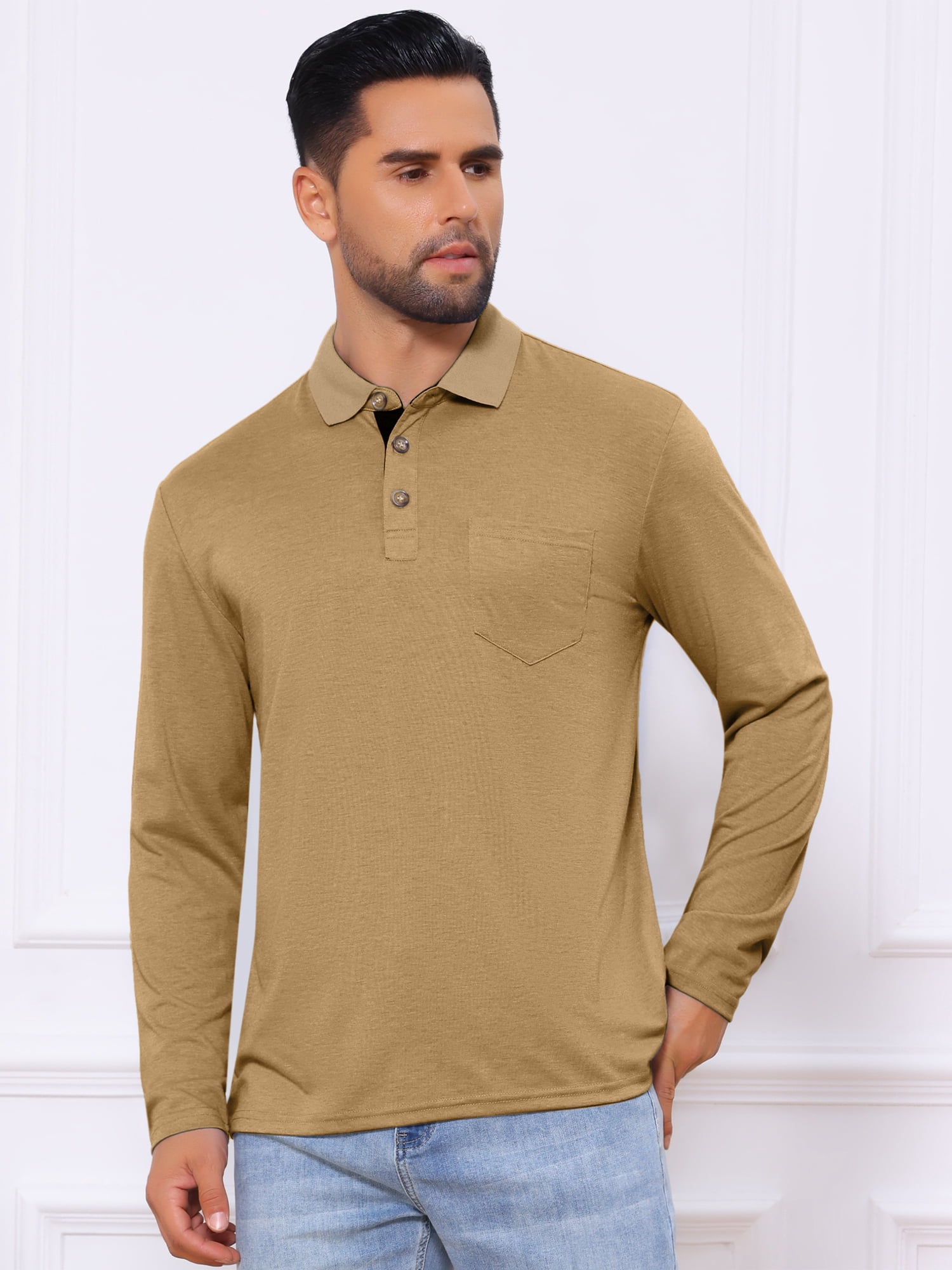 DARING DIVA Men's Contrast Button Collared Long Sleeves Golf Polo T-Shirts M Khaki